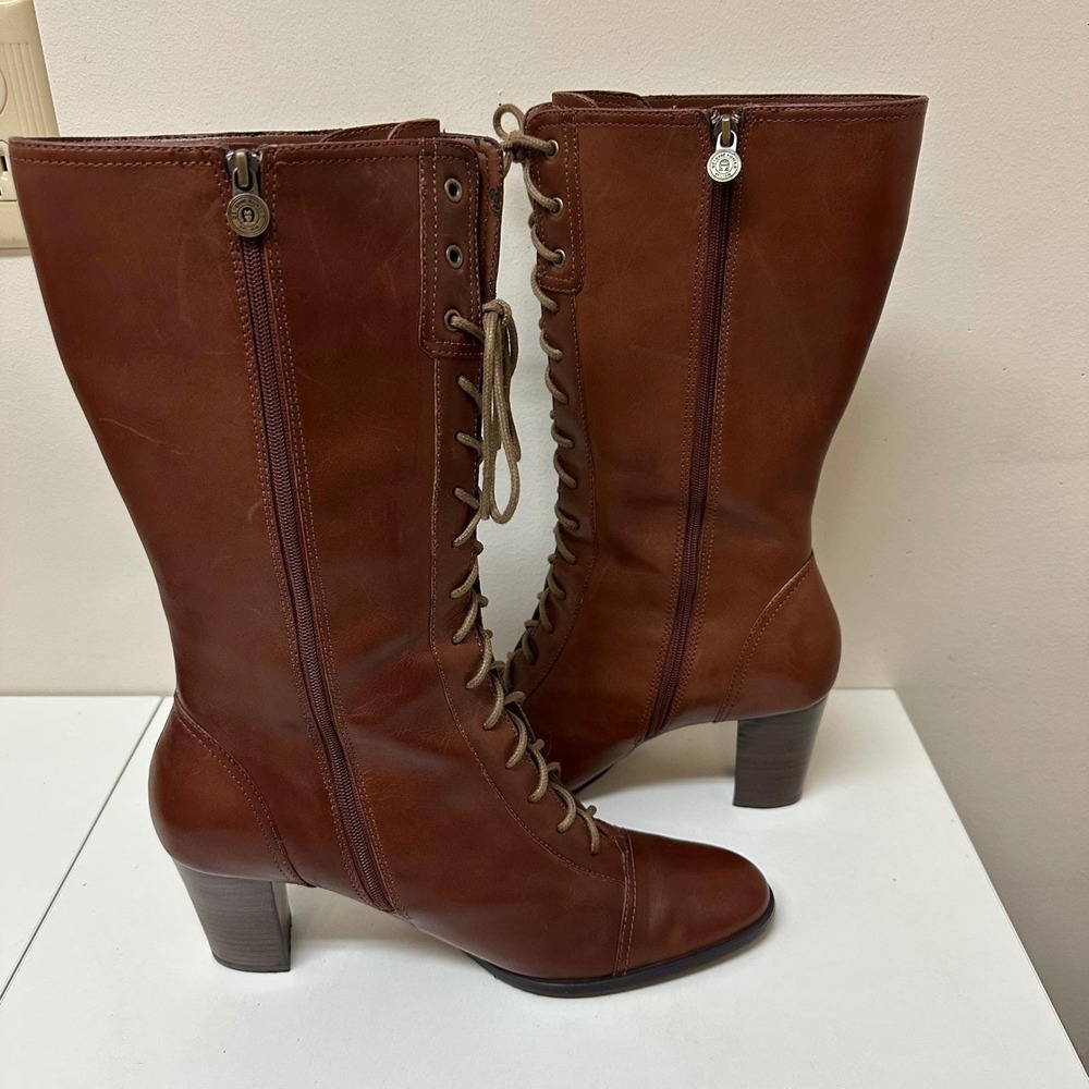 Etienne Aigner Brown Leather Lace Upside Zip Block Heel Boots Victorian 8.5M